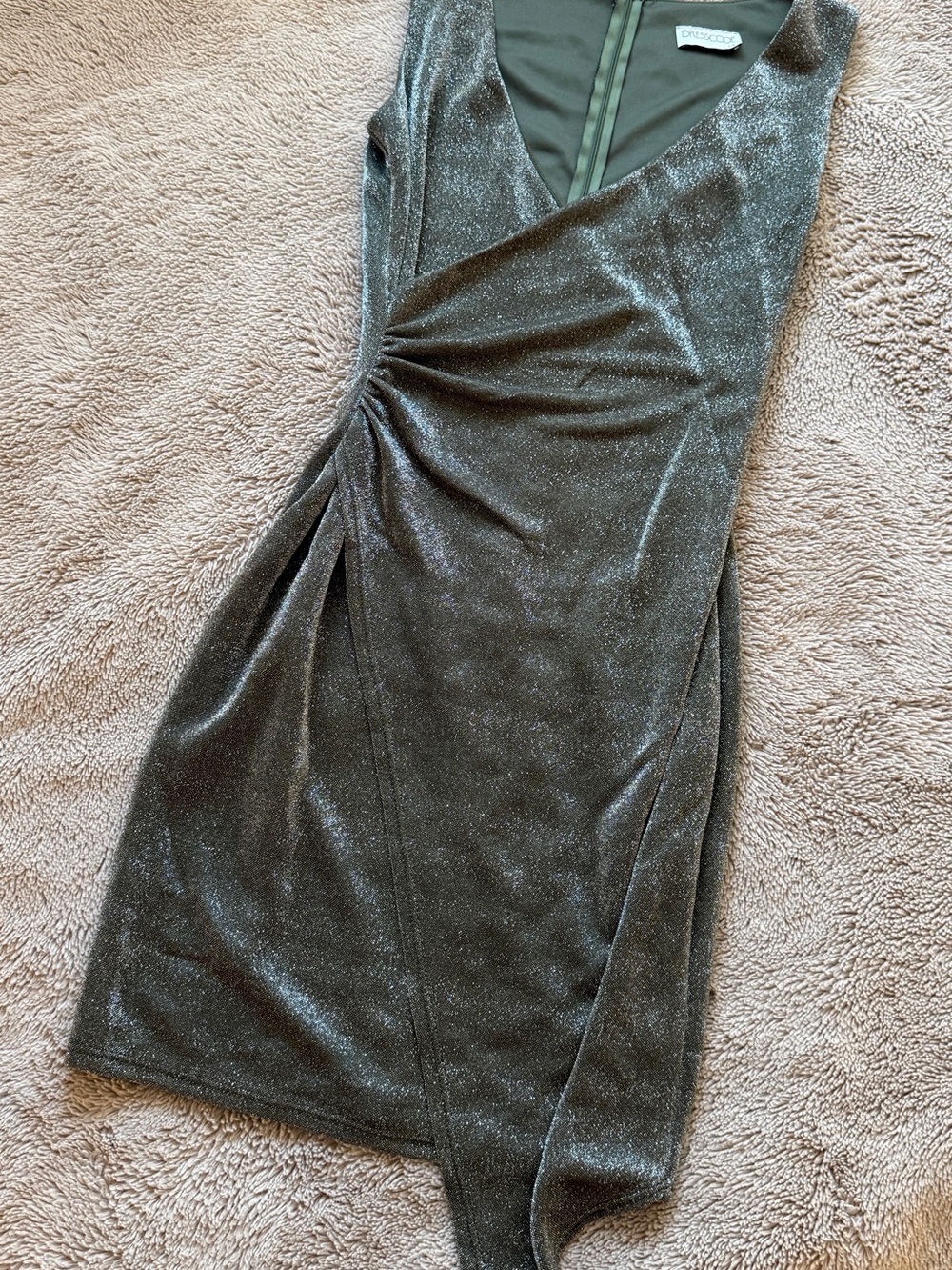 Dresscode LA Metallic Olive Green Ruched Asymmetrical Midi Dress